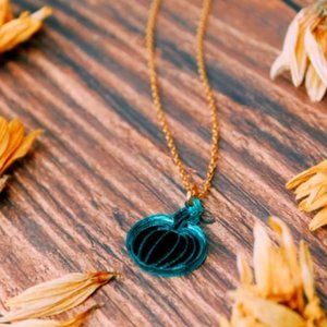 Tiny Teal Pumpkin Necklace - Teal Acrylic Pendant with 18 inch Gold Chain